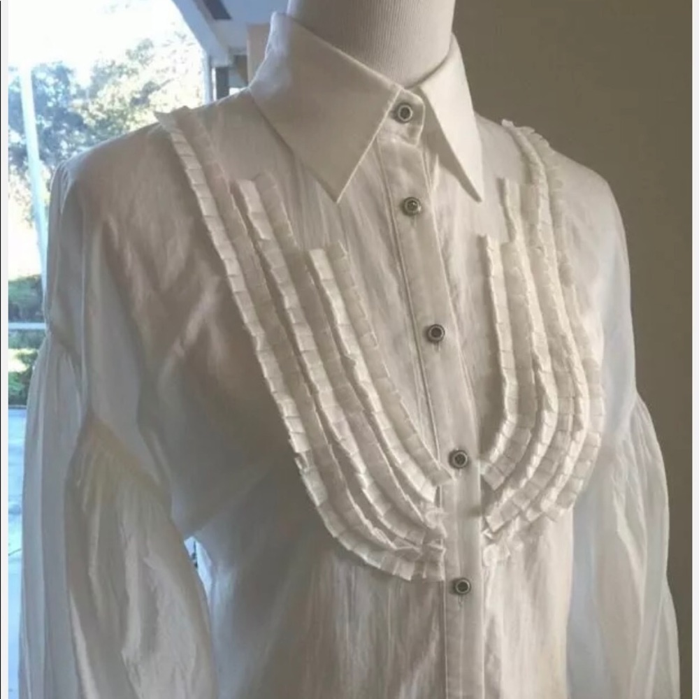 Derecuny Italy NWT White Button Down Shirt, Peasant Blouse Top Size 40, 6 $895